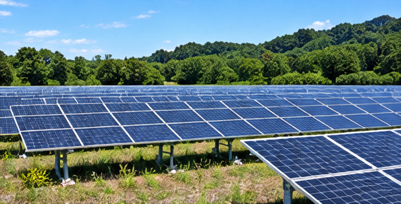 緑に囲まれた野立ての太陽光発電所