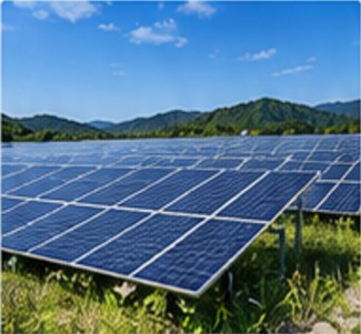 山あいに広がる野立ての太陽光発電所