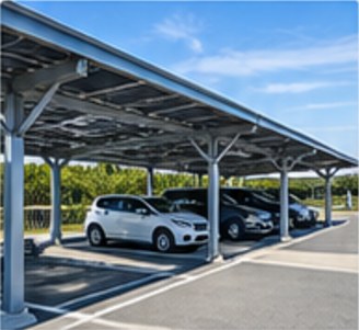 駐車場に設置されたカーポート型の太陽光パネル