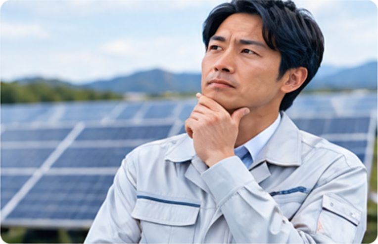 発電設備の前で考え込む設備管理担当者